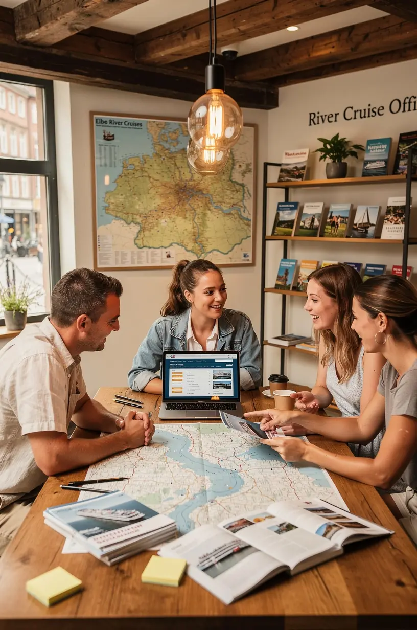 Panoramaansicht eines Flussufers mit Anlegestellen für Kreuzfahrtschiffe und Touristeninformationen